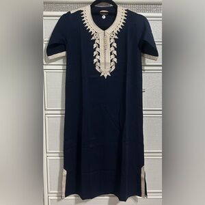 Navy Blue Kaftan with Beige Embroidery